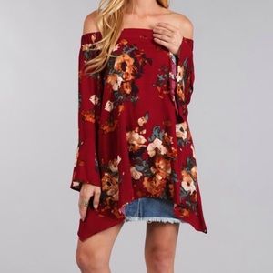 Floral Deep Red Off the Shoulder Top